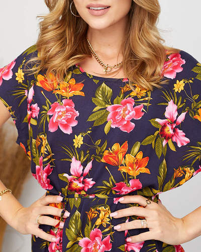 Robe été femme bleu marine à fleurs colorées - Vêtements