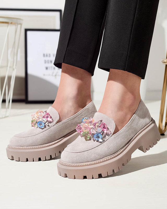 Mocassins gris clair pour femmes avec perles colorées Hetika - Footwear