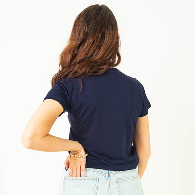 T-shirt femme bleu marine avec inscription sequins - Vêtements