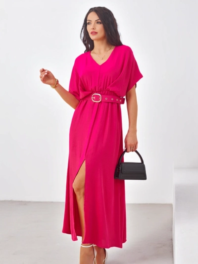 Robe midi femme Royalfashion avec manches courtes, décolleté en V et fente centrale