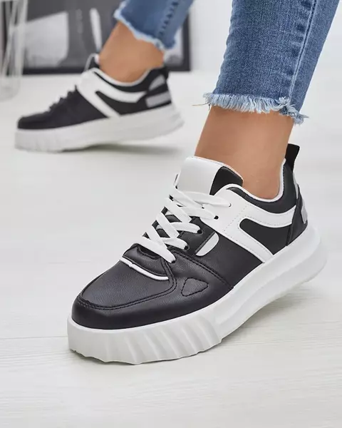 Chaussures de sport décontractées en cuir écologique pour femmes, noires, avec empiècements blancs Netiris - Chaussures