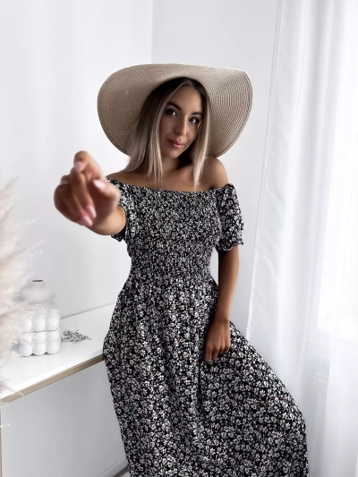 Robe midi à fleurs pour femme noire - Vêtements