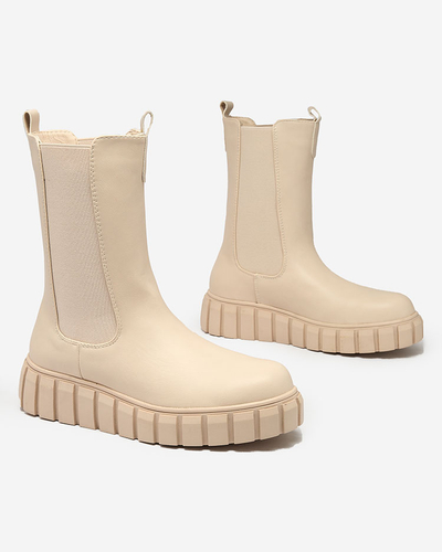 Royalfashion Bottes hautes à talon plat pour femmes en écru Elicane
