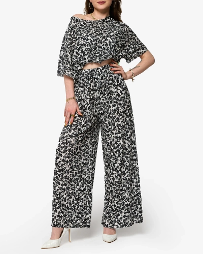 Ensemble plissé blanc à fleurs noires pour femme - Vêtements