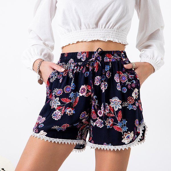 Short bleu marine femme à fleurs rouges - Vêtements
