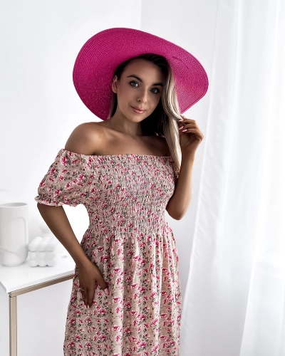 Robe midi beige à imprimé floral pour femme - Vêtements