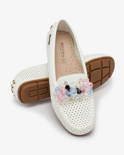Royalfashion Mocassins blancs ajourés pour femme avec cristaux décoratifs Cizzas