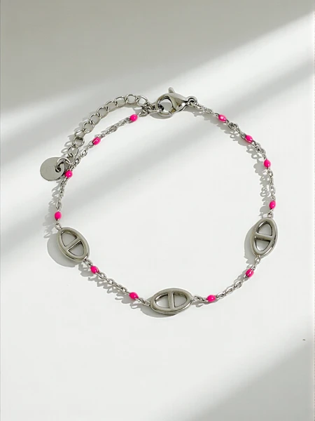 Bracelet Callista Elegantia avec maillons et perles roses, acier chirurgical