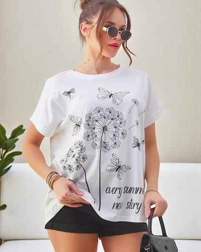 T-shirt en coton Royalfashion pour femmes avec des pissenlits et un papillon