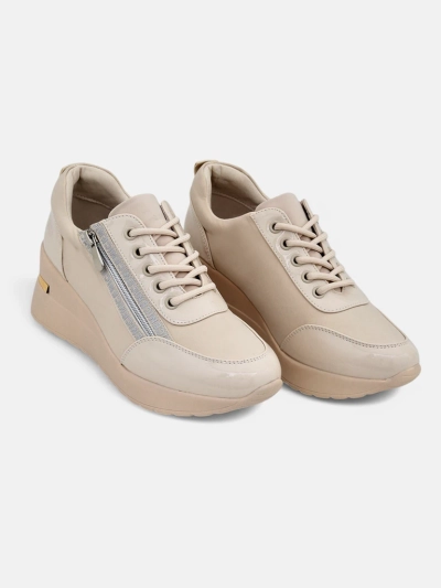 Baskets compensées pour femmes HeraBea beiges en cuir écologique de 6,5 cm avec fermeture éclair