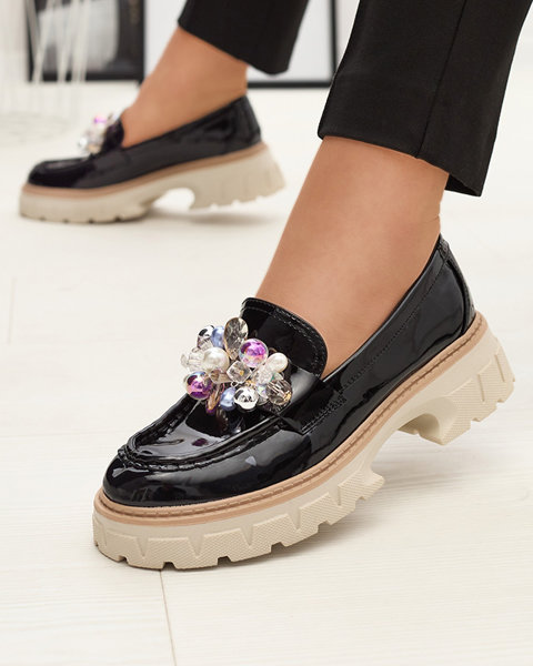 Mocassins pour femmes laqués noirs avec ornement Leliab- Footwear