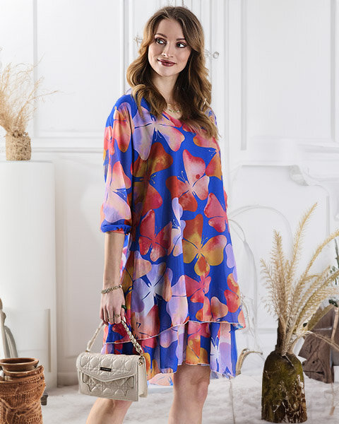 Robe femme bleu marine, longueur genoux, avec imprimé et volant - Vêtements