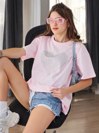 Royalfashion T-shirt en coton pour femmes LOVE avec cristaux