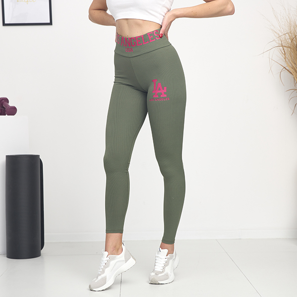 Legging femme côtelé vert inscriptions roses - Vêtements