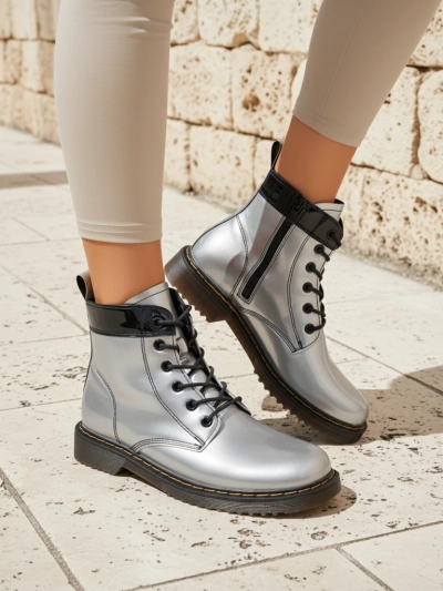 Bottines argentées pour femmes Celestina Eco Cuir Verni avec fermeture éclair