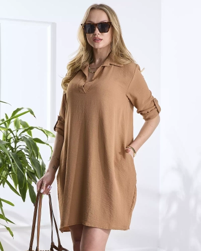 Tunique longue oversize marron pour femme avec poches - Vêtements