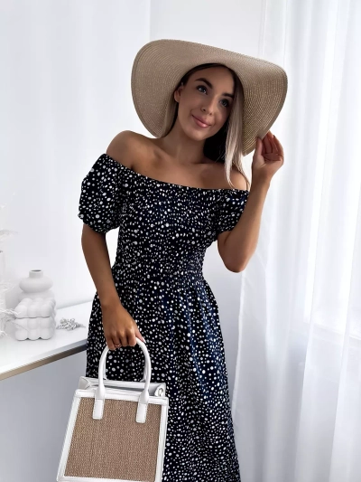 Robe longue à pois pour femme bleu marine- Vêtements