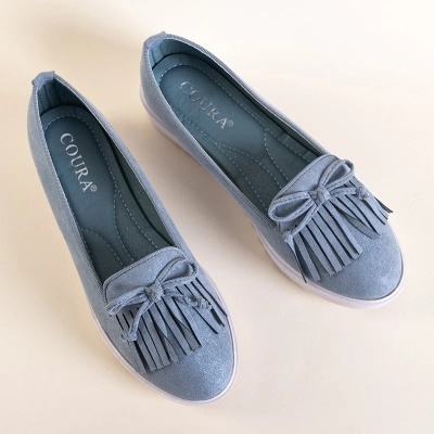 OUTLET Mocassins bleus pour femmes avec pompons et nœud Laureana - Chaussures