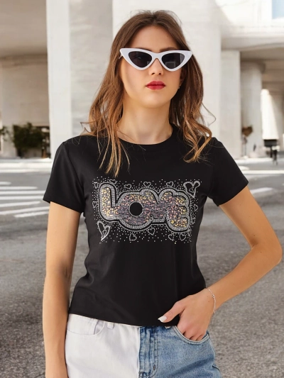 Royalfashion T-shirt en coton pour femmes LOVE avec des strass