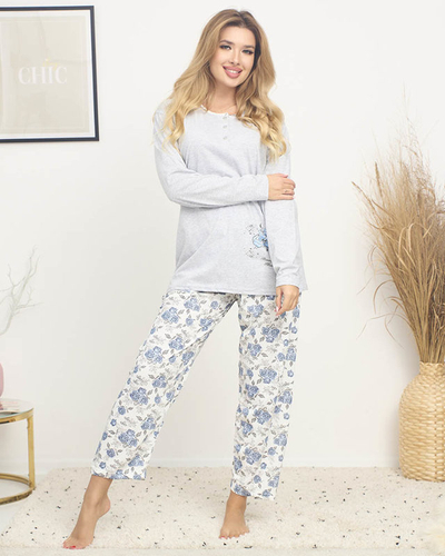 Pyjama pour femmes avec imprimé floral en gris-bleu TAILLE PLUS- Vêtements