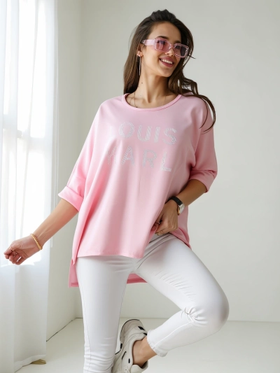 Blouse en viscose Royalfashion pour femmes avec inscriptions en strass