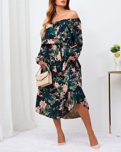 Royalfashion Robe longue à fleurs noires et vertes pour femme