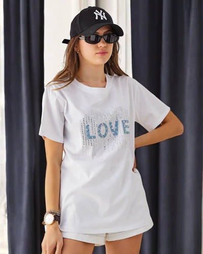 Royalfashion T-shirt en coton pour femmes LOVE avec des strass