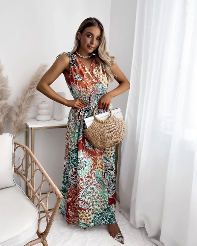 Robe midi à motifs verts et orange pour femme Vêtements