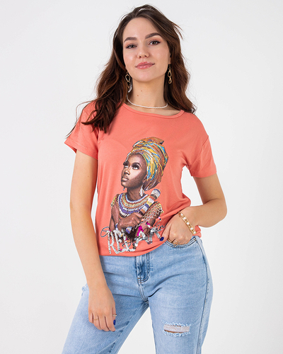 T-shirt femme orange imprimé coloré et sequins - Vêtements