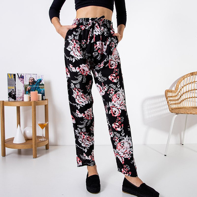 Pantalon femme noir à motif floral - Vêtements