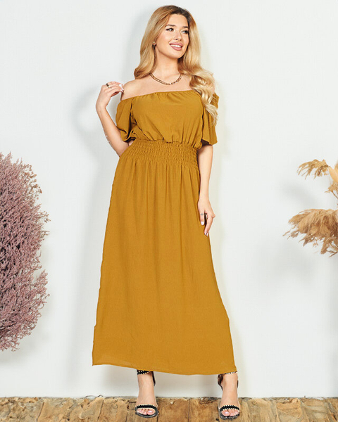 Robe midi moutarde à taille élastique - Vêtements